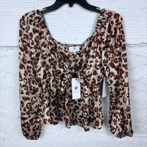 NWT SOCIALITE silky satin leopard print tie front long sleeve blouse SZ small